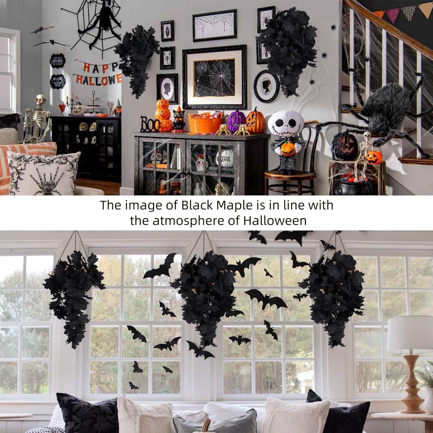 RECUTMS Black Maple Leaf Garland 2PCS Artificial Hanging Fall Halloween Maples Leaves Swag Plants 2.5ft Faux Silk Autumn Garlands for Indoor Outdoor Thanksgiving Party Home Room Fireplace Patio Decor-VerdiqueGarden