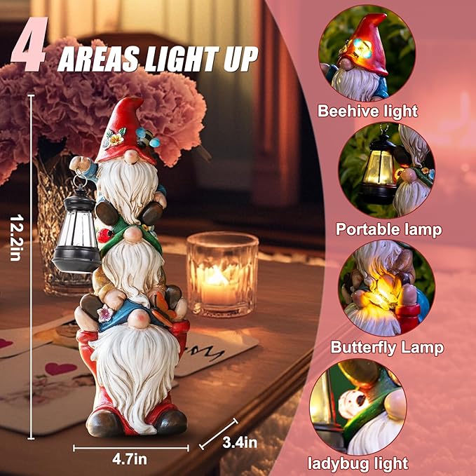 Garden Gnome Statue with Solar Lights Large Garden Sculptures Funny Triple Gnome Outdoor Patio Lawn Yard Balcony Garden Home Decor Gifts for Women Mom 12 in Spring Summer Gnomes Outdoor-VerdiqueGarden