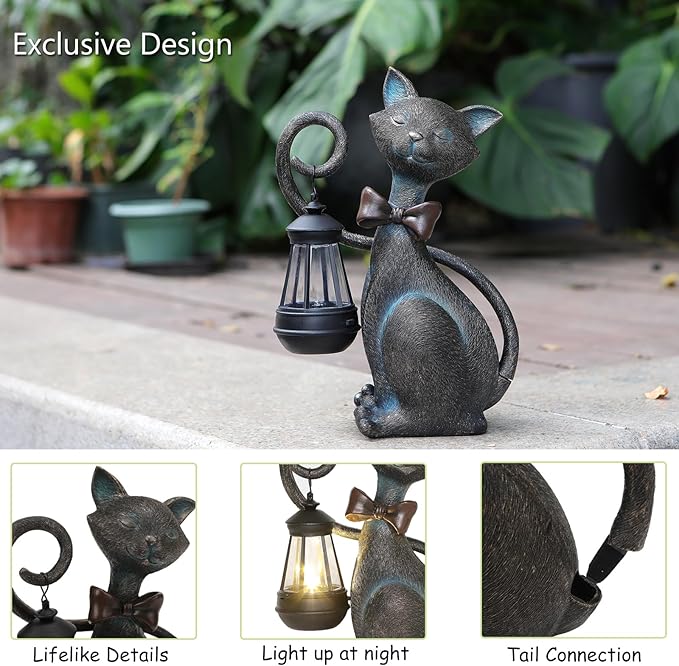 Whimsical Solar Cat Statue Decor with Solar Lantern - Unique Outdoor Spring Garden Decor for Patio, Balcony and Yard Art Lights - Ideal Mothers Day Birthday Gifts for Mom,Grandma,Women and Cat Lovers-VerdiqueGarden