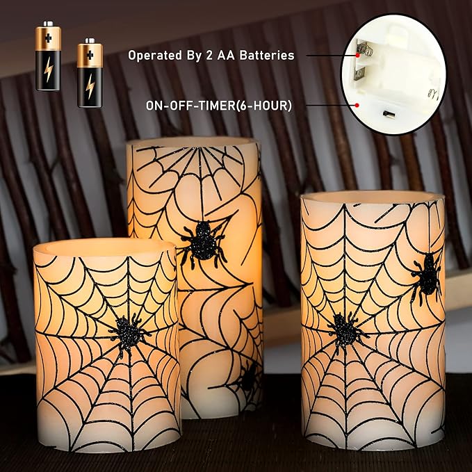 Spider Web Decor Flameless Candles Battery Operated with Remote Timer Haunted House Spooky Decorations Set of 3 Real Wax Black LED Flickering Candles Decorative for Halloween Decor Party-VerdiqueGarden