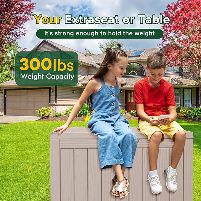 45 Gallon Outdoor Storage Box Waterproof Lockable Resin Deck Box Large, Patio Storage Bin for Pool Accessories Cushion Furniture, Garden Tools, UV-Resistant Outside Delivery Light Coffee-VerdiqueGarden