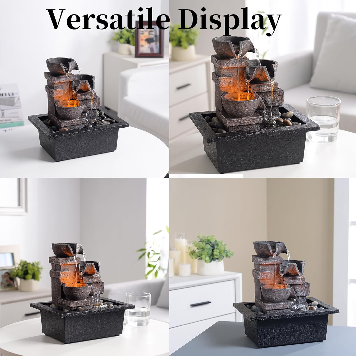 Indoor Fountain 3-Bowl Rockery Soothing Sound Tabletop Fountains Home/Office Decor with Natural River Rocks LED Lights Automatic Watering Pump(22044A)-VerdiqueGarden