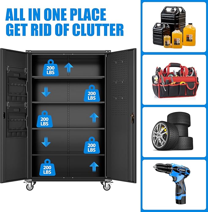 Upgraded Wide & Deep Extra Large Metal Storage Cabinet on Wheels,Lockable Garage Cabinets with 3 Pegboards,2 Tool Pouches for Garage,Office,Assembly Required,Black,43.3''W x 21.6''D x 72''H-VerdiqueGarden