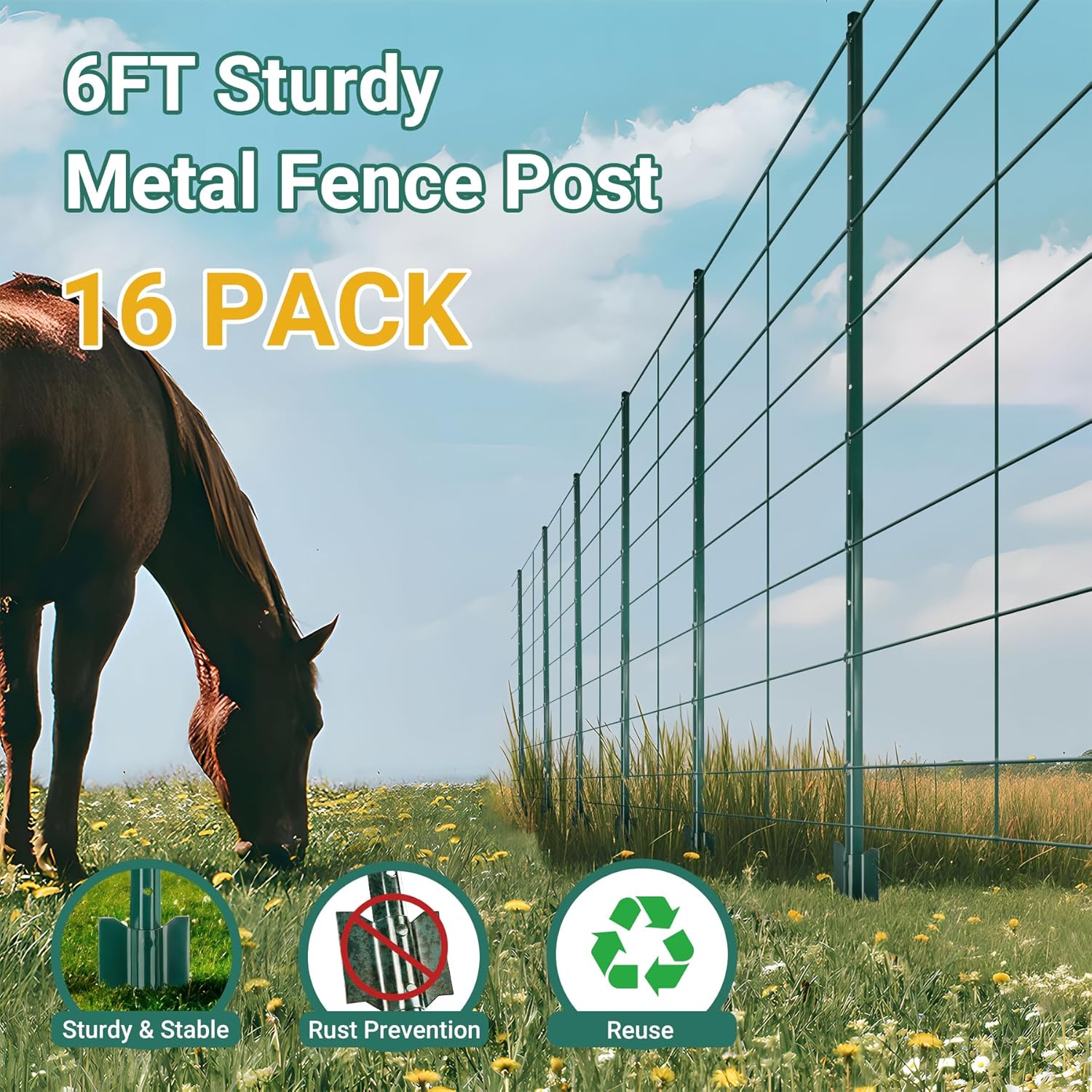 Fence Posts 6 Ft - 8 Pack, Requires Manual Assembly - Heavy Duty Metal Fence Post, No Dig U Post for Farm, Garden, Orchard and Outdoor Wire Fencing (Green)-VerdiqueGarden
