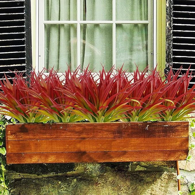 16Pcs Artificial Grass Fake Plants 17.3in Outdoor Plants UV Resistant Greenery Stems Fake Grass for Home Window Garden Office Patio Pathway Front Porch Décor Light Green & Red-VerdiqueGarden