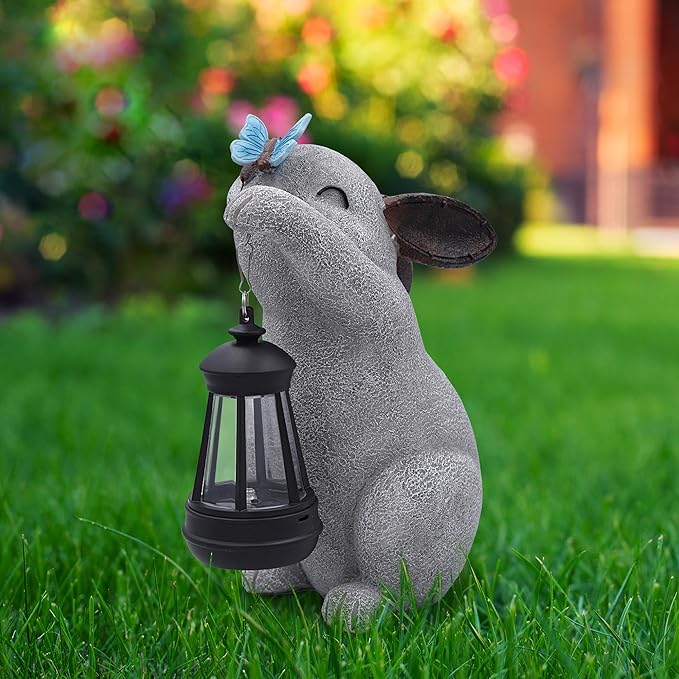 Solar Rabbit Statues for Garden Decor - Outdoor Bunny Figurine with Solar Lantern for Yard Patio Lawn Balcony Ornaments - Garden Gifts for Mothers Day, Grandma, Easter-VerdiqueGarden