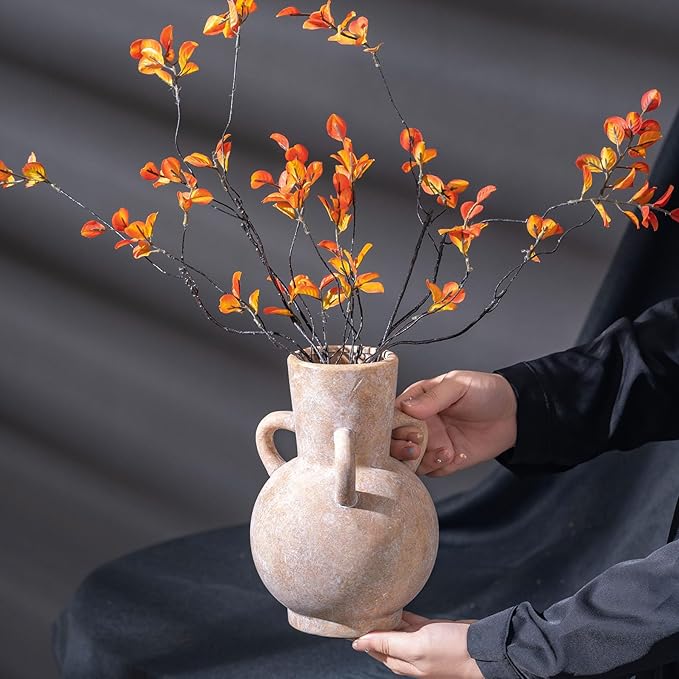 Beige Vintage Terracotta Ceramic Vase with Handles, Rustic Pottery Tulip Vase for Cottage Core Home Mantle Decor, Large Bulk Flower Vases Farmhouse Table Centerpieces, Jarrones Decorativos para Sala-VerdiqueGarden