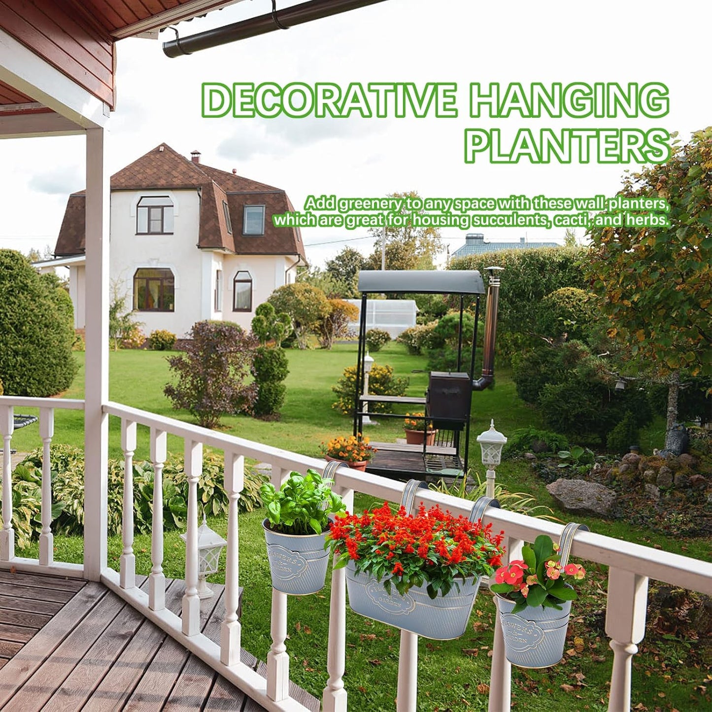 PerGar Vintage Metal Iron Wall Hanging Flower Pots, Rustic Planter Bucket Herb Flower Plant Holder with Detachable Hooks & Drainage Hole for Railing Fence Balcony Deck Garden Home Decoration, Set of 3-VerdiqueGarden