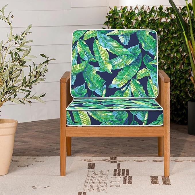 LVTXIII Patio Chair Cushions 22"x22"x3", Water-Repellent Outdoor Seat Cushions for Patio Furniture, Square Chair Pads with Ties for Home Garden Decoration, Set of 2, Hanalei Lagoon-VerdiqueGarden