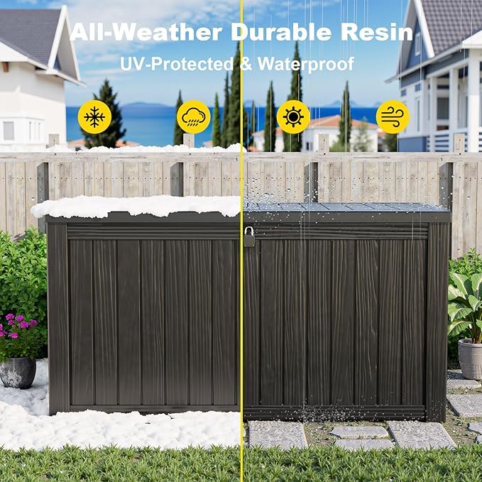 DRATO 150 Gallon Outdoor Storage Box, Large Waterproof Deck Box, Lockable Resin Storage Container with Reinforced Support for Patio Cushions, Garden Tools, UV-Resistant Outdoor Chest（Black）-VerdiqueGarden