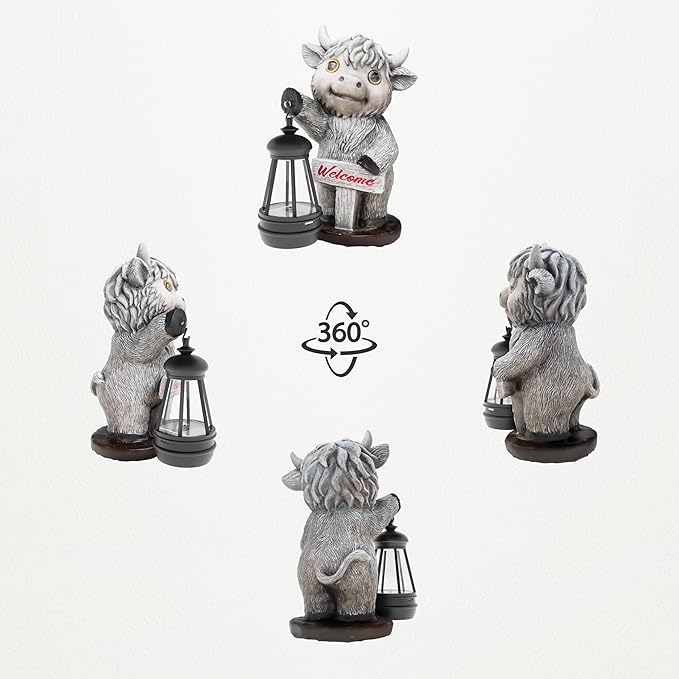 Highland Cow Statues with Solar Lights, Highland Cow Resin Figurine Lights, Highland Cow Ornaments for Patio, Balcony, Indoor Decoration and as Gifts-VerdiqueGarden