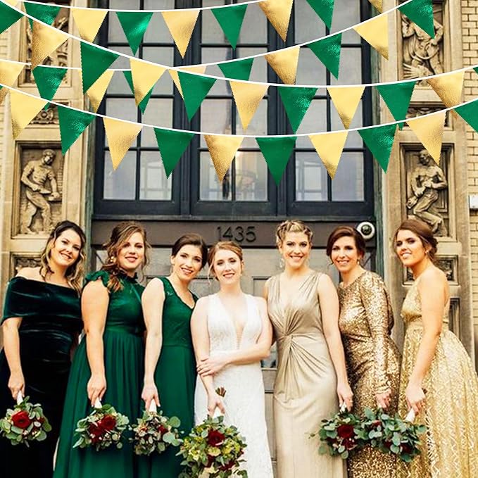 Green Gold Party Decorations Metallic Fabric Triangle Pennant Banner Flag Bunting Garland for Graduations Birthday Retirement Wedding Baby Shower Spring Summer Master Golf Theme Outdoor Party Supplies-VerdiqueGarden