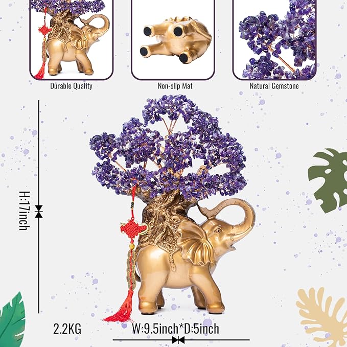 Amethyst Crystal Money Tree on Gold Elephant Statue, 17”Large Gemstone Bonsai Tree of Life Home Décor Gifts for Wealth Positive Energy, Feng Shui Décor-VerdiqueGarden