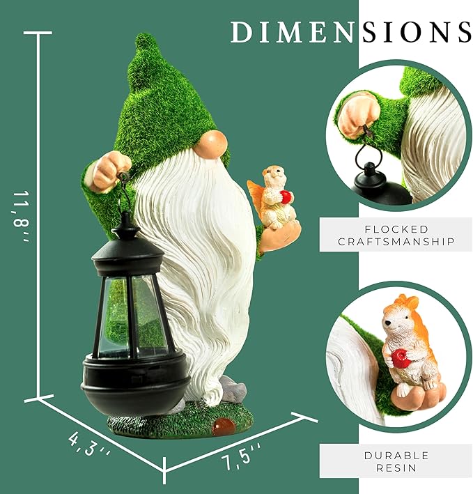 Garden Gnome with Squirrel 11.8, Gnomes with Solar Lantern, Garden Statues Outdoor Clearance, Garden Gnomes Outdoor Funny for Patio Decor, Fall Gnomes-VerdiqueGarden