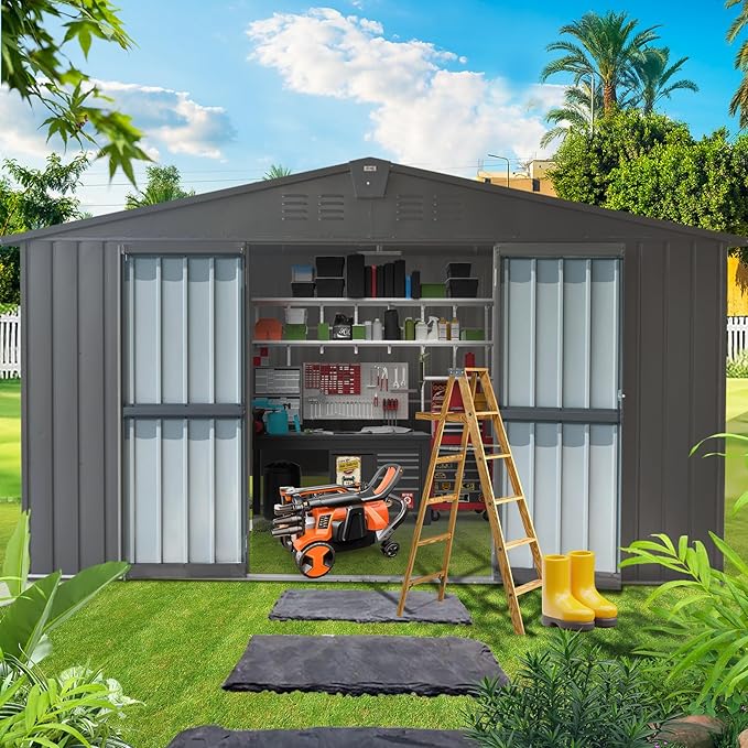 Domi Outdoor Storage Shed 11’ x 9’, Metal Sheds with Galvanized Steel Frame & Windows & Lockable Door, Garden Shed Tool Storage Room for Patio, Grey-VerdiqueGarden