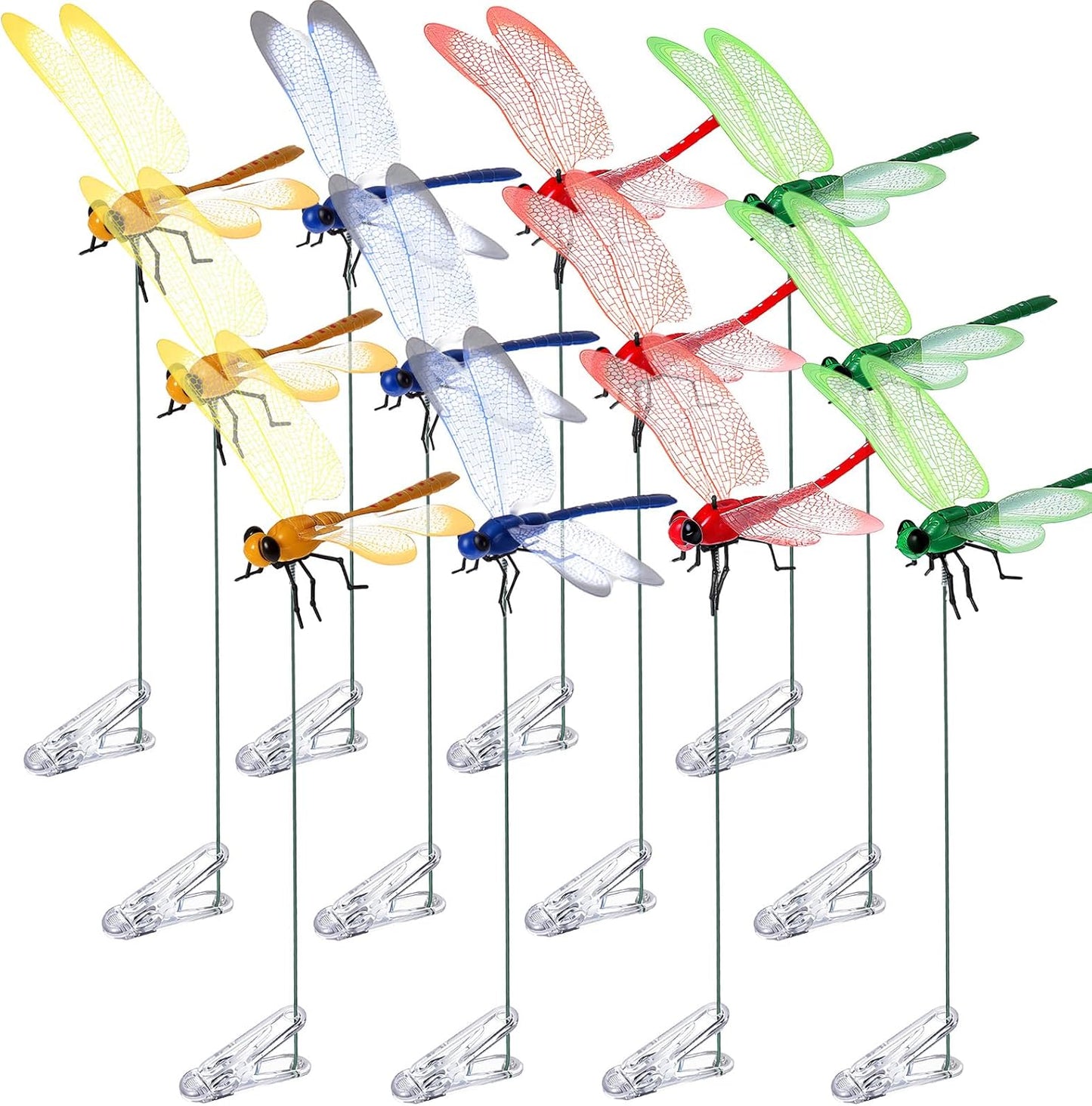 12 Pcs Colorful Dragonfly Clips 3D Simulation Dragonfly Garden Stakes Decor Deer and Horse Fly Deterrent, Bird Fly Scare Devices for Patio Garden Decoration-VerdiqueGarden