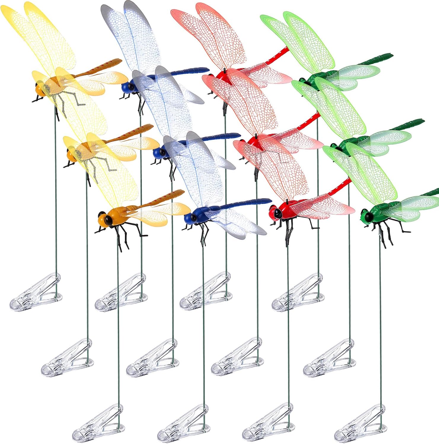 12 Pcs Colorful Dragonfly Clips 3D Simulation Dragonfly Garden Stakes Decor Deer and Horse Fly Deterrent, Bird Fly Scare Devices for Patio Garden Decoration-VerdiqueGarden