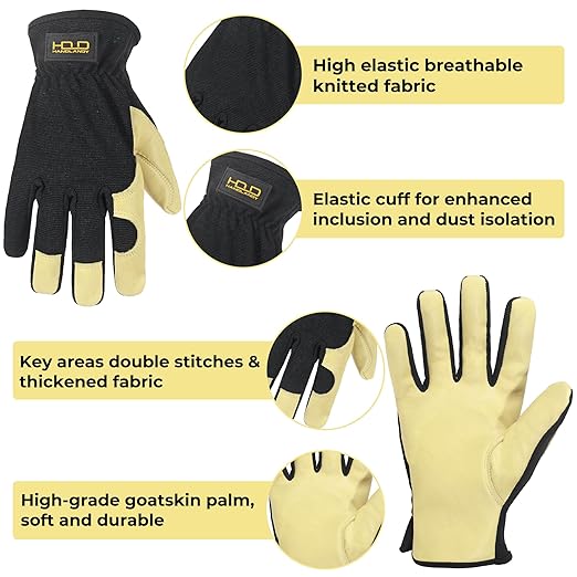 HLDD HANDLANDY Mens Leather Gardening Gloves, Utility Work Gloves for Gardening, Yardwork, Construction, Mechanics-VerdiqueGarden