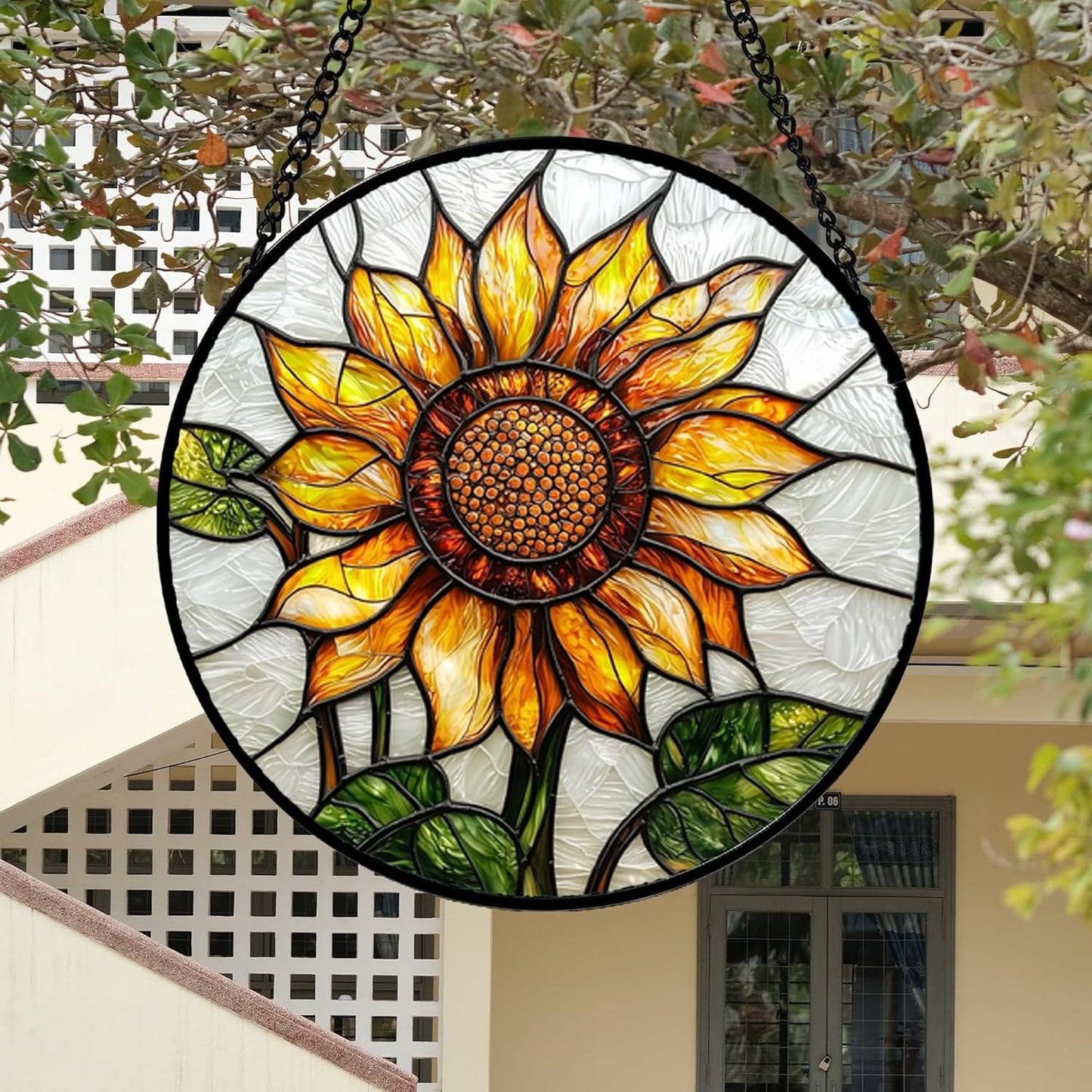 Stained Glass Window Hanging - Sunflower Flower Suncatcher Ready to Hang Window Doors Home Decoration and Christmas, Mother's Day Birthday Gifts for Women, Men, and Mom 14.9x14.9 in-VerdiqueGarden