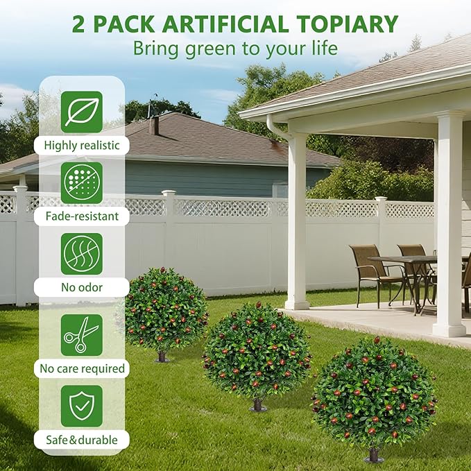 Artificial Olive Topiary Ball Trees with Ground Spike, Set of 2 UV Resistant Artificial Shrubs, Fake Evergreen Artificial Plant Bushes for Indoor Outdoor Front Porch Garden-VerdiqueGarden