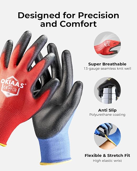 OKIAAS Men's Lightweight Construction Gloves with Grip, 12 Pairs, Red, Small-VerdiqueGarden