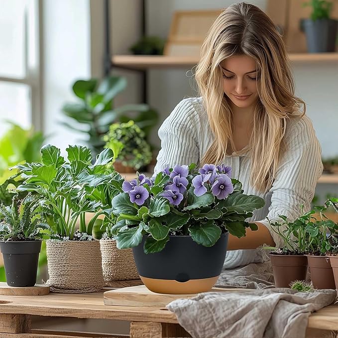 10 Inch Pots for Indoor Plants, Large Self Watering Planters with Drainage and Saucers, Plastic Outdoor Flower Pot, Set of 2, Grey-VerdiqueGarden