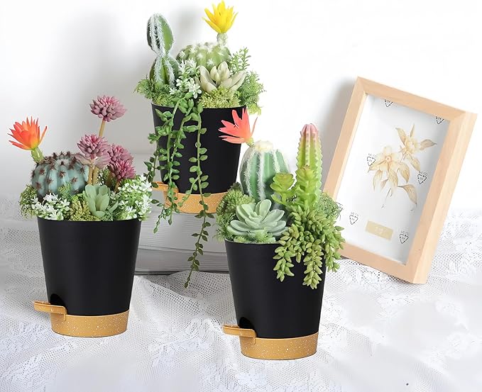 12 Pack 4 Inch Self Watering Plant Pots with Drainage and Saucers，Plastic Flower Pots for Indoor and Outdoor Plants, Nursery Planters for Houseplants and Herbs Black Brown, 4 inch 12pcs-VerdiqueGarden