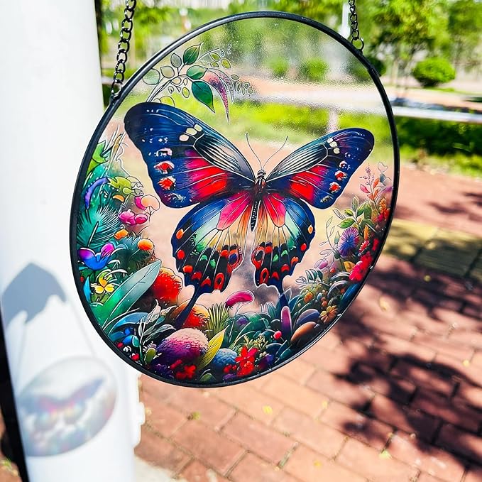 RIVEENY Butterfly Stained Glass Window Hangings, 8" Monarch Butterfly Hanging Stained Glass for Windows, Sun Catcher Garden Hangings Christmas Mother's Day, Valentine's Day Ornaments Festival Gift-VerdiqueGarden
