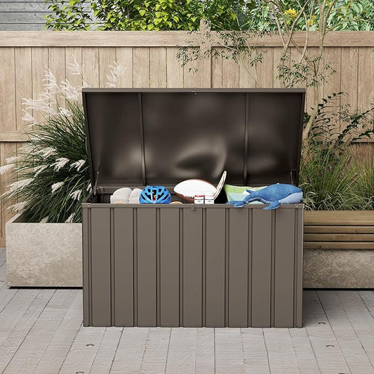 Domi Deck Box 150 Gallon, Waterproof Lockable Steel Outdoor Storage Container for Outside Cushions, Garden Tools and Pools Equipment, Brown-VerdiqueGarden