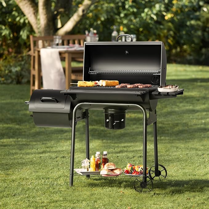 Devoko Charcoal Grill, Outdoor BBQ Grill with Offset Smoker and Side Table for Garden and Parties-VerdiqueGarden