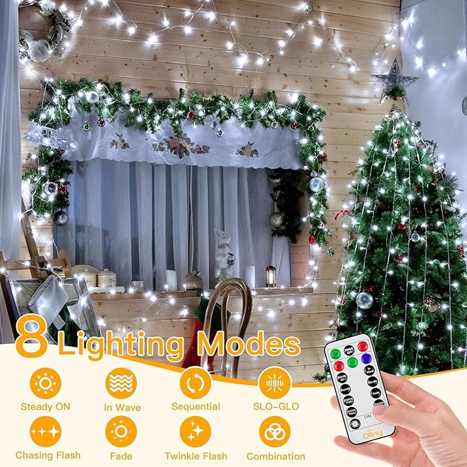 Ollny Christmas Lights Outdoor Waterproof, 1000LED 328FT Super Long String Lights with Remote 3 Timer, Plug in 8 Modes Fairy Light for Outside House Bedroom Xmas Decorations, Cool White-VerdiqueGarden