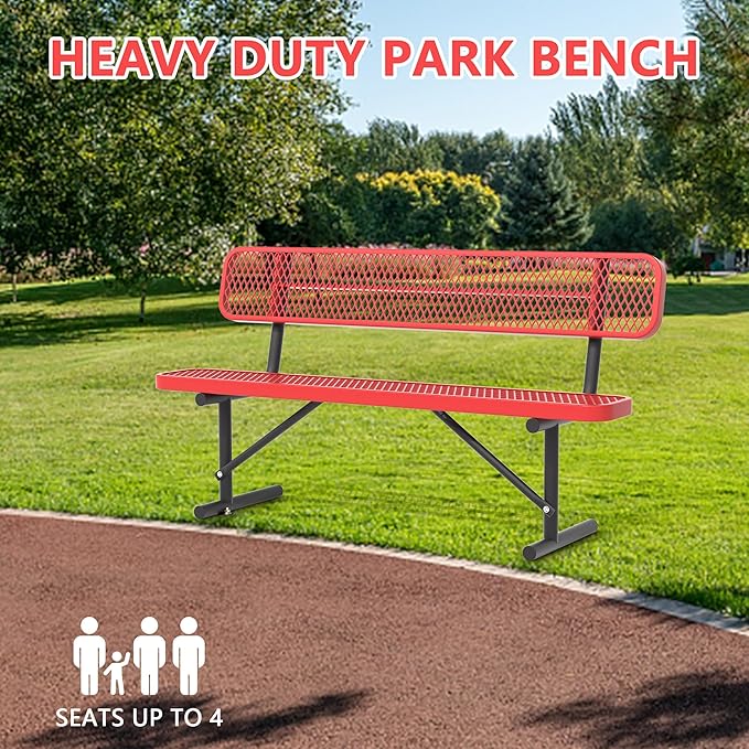 Heavy Duty Park Bench with Back Portable Frame, Outdoor Steel Bench with Backrest, Red Metal Bench Seat Expanded Metal Mesh Bench for Lawn, Park, Deck, Garden, Patio, Porch, Black (Red, 6FT)-VerdiqueGarden
