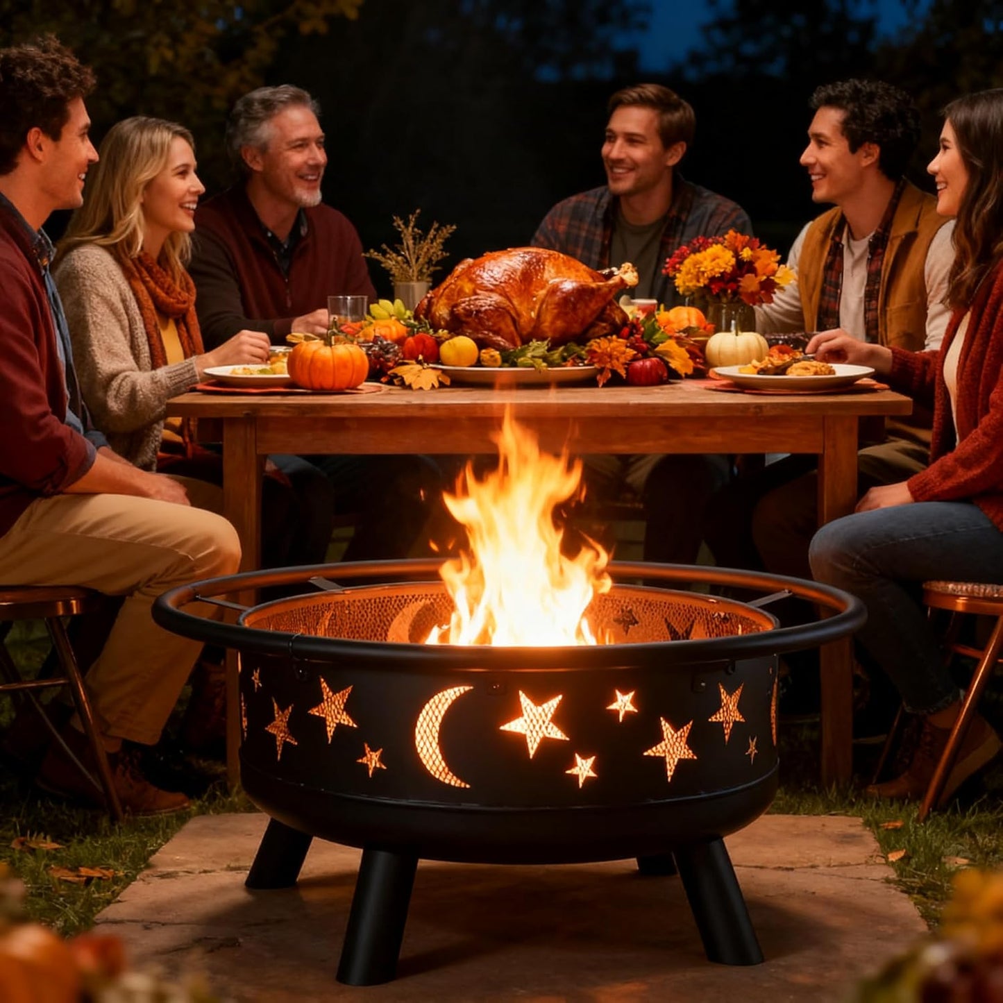 32" Round Wood Burning Fire Pit with Mesh Cover, Fire Poker, Star & Moon Cutouts, Metal Outdoor Firepit for Patio, Backyard, Garden, Bonfire, Camping, Christmas, Thanksgiving, Halloween-VerdiqueGarden