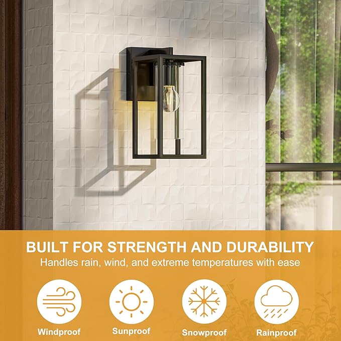 Pia Ricco Outdoor Wall Lights, Outdoor Wall Lantern with Circular Clear Glass Shade, Waterproof Exterior Lighting Fixtures, Modern Front Porch Lighting for House, Garage, E26 Base, ETL Listed, Black-VerdiqueGarden