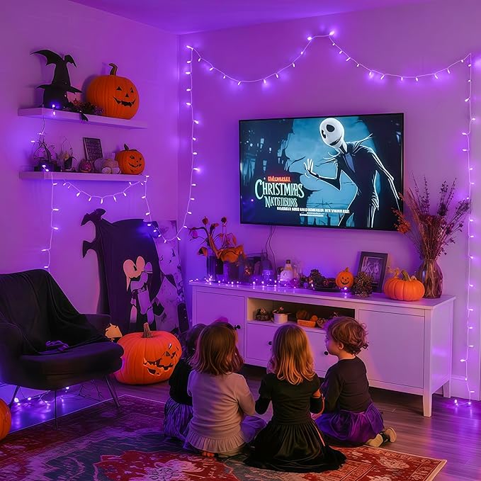 JMEXSUSS Connectable 100 LED Purple Halloween Lights Indoor, 8 Modes Plug in Purple Christmas String Lights Clear Wire, 33ft Christmas Tree Light Outdoor for Halloween Tree, Garden, Bedroom-VerdiqueGarden
