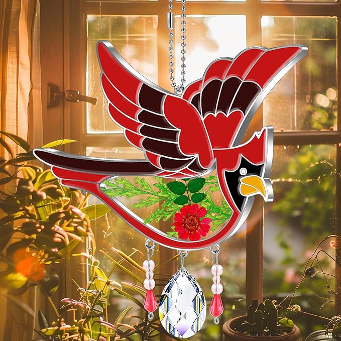 KY&BOSAM Cardinal Suncatcher Crystal Had Painted Glass Sun catchers Hangings for Windows Ornament with Pressed Real Flower and Heart Charm Birthday Gifts for Women Mom Mother's Day Christmas Mom Gifts-VerdiqueGarden