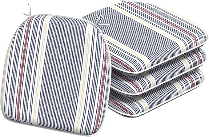 Indoor/Outdoor Chair Cushions 16x17 Inch, Patio Chair Cushions with Ties, All Weather Seat Cushions for Patio Furniture Home Garden Chair Use, Set of 4, Stripe Denim Blue-VerdiqueGarden