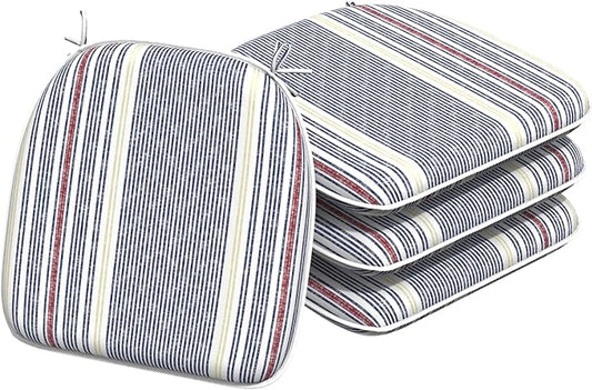 Indoor/Outdoor Chair Cushions 16x17 Inch, Patio Chair Cushions with Ties, All Weather Seat Cushions for Patio Furniture Home Garden Chair Use, Set of 4, Stripe Denim Blue-VerdiqueGarden