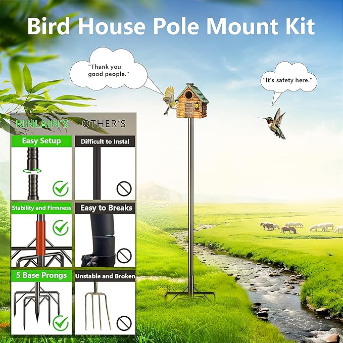 Bird Feeder Pole Kit 110 Inch,Bird House Pole for Outdoors Heavy Duty,5 Base Prongs Adjustable Birds Feeder Stand for House-VerdiqueGarden
