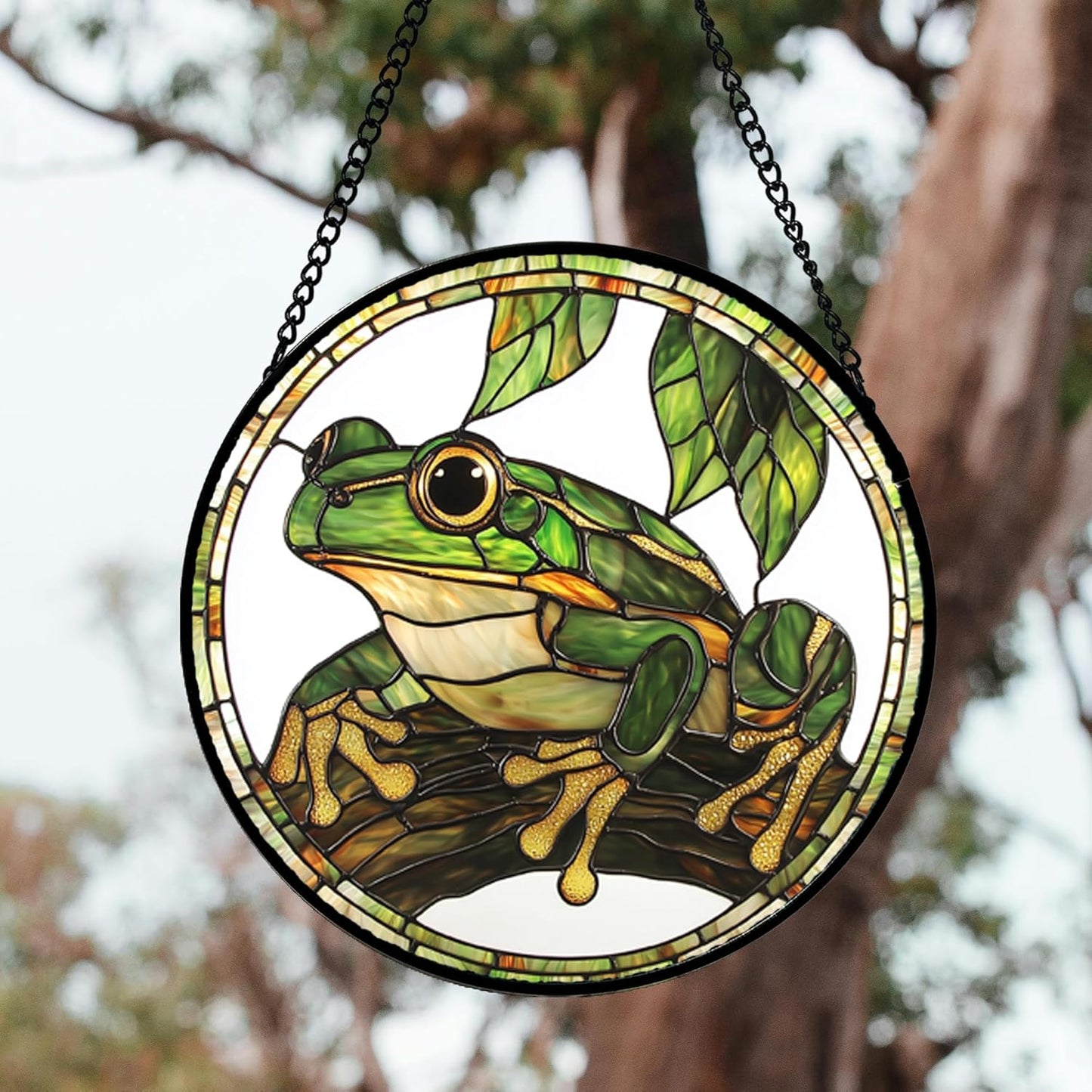 Stained Glass Window Hanging, Frog Green Leaf Sun Catchers Colorful Glass Panel Cool Suncatcher Decor for Birthday for Women, Men, Wife, Aunt, and Mom 14.9x14.9 in-VerdiqueGarden