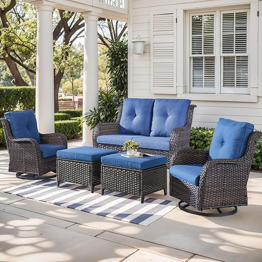 Outdoor Wicker Patio Furniture Set - 5 Piece Rattan Patio Conversation Set with 2 Rocking Swivel Chairs,2 Ottomans and 1 Loveseat for Porch Deck Backyard Garden(Brown/Blue)-VerdiqueGarden