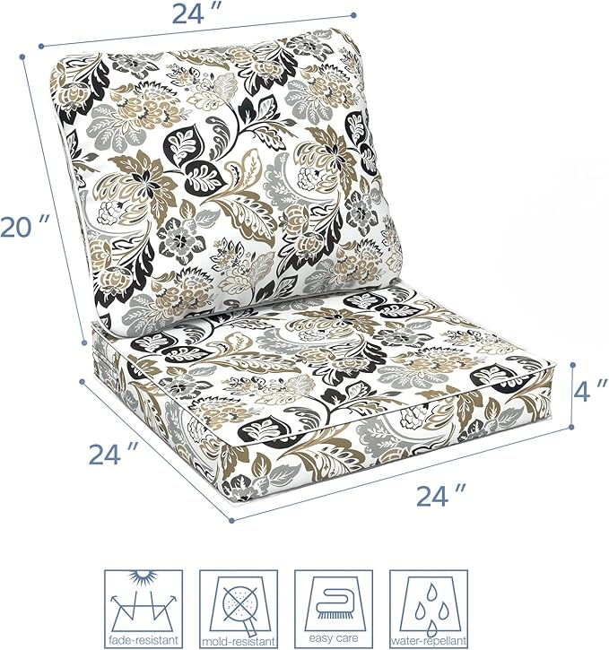 LVTXIII Outdoor Deep Seat Cushion Patio Seat and Back Cushion Set Seasonal Chair Cushion with Removable Cover and Adjustable Buckle for Home and Garden, 24"x24"x4", Dailey Tan-VerdiqueGarden