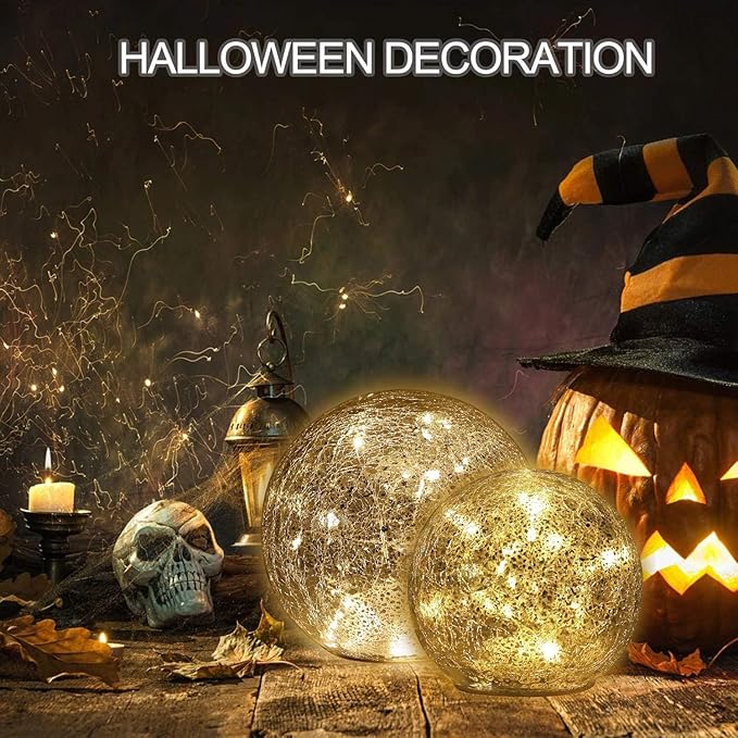 Mercury Crackle LED Glass Globe Ball Lamp with Timer, Battery Operated Night Light for Girls, Birthday, Halloween,Christmas - Decorative Gift for Home Warm White (with Timer)-VerdiqueGarden
