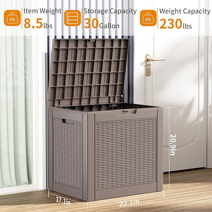 30 Gallon Resin Deck Box, Lockable Patio Outdoor Storage Box for Furniture, Garden Tools and Tools Storage, Waterproof Outside Storage Boxes - Grey-VerdiqueGarden