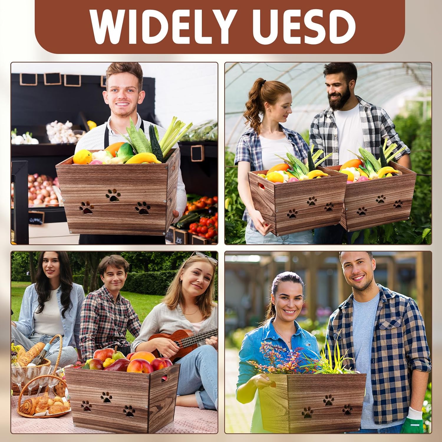 3 Pack Rustic Wooden Crates Hollow Claw Wooden Storage Boxes with Handles Dog Toy Box Large Handmade Farmhouse Decorative Wood Crate for Display-VerdiqueGarden