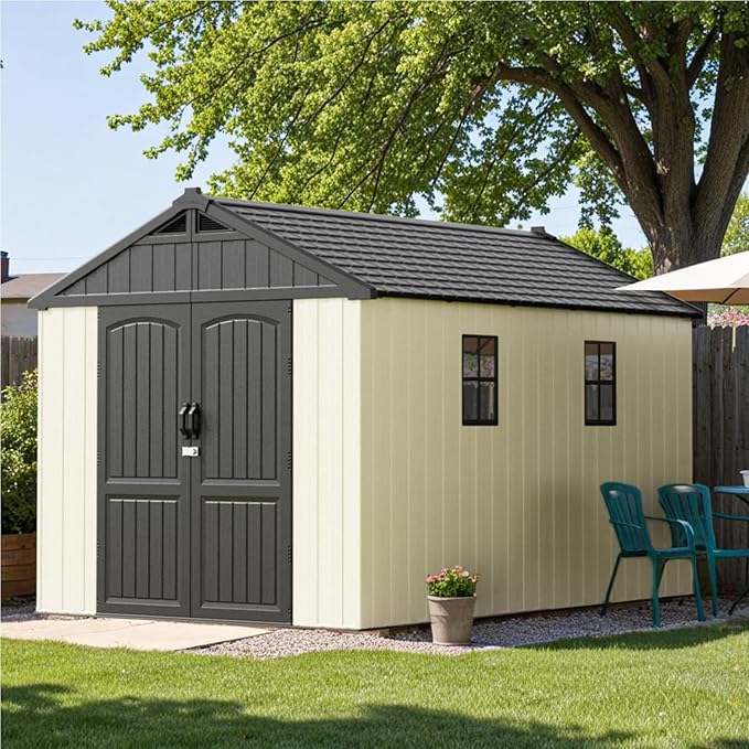 Patiowell 8 x 12 FT Resin Outdoor Storage Shed with Floor, Large Shed with Light and Lockable Door for Garden, Backyard, Tool Storage Use, Easy to Install in Beige (Kick-it Shed)-VerdiqueGarden