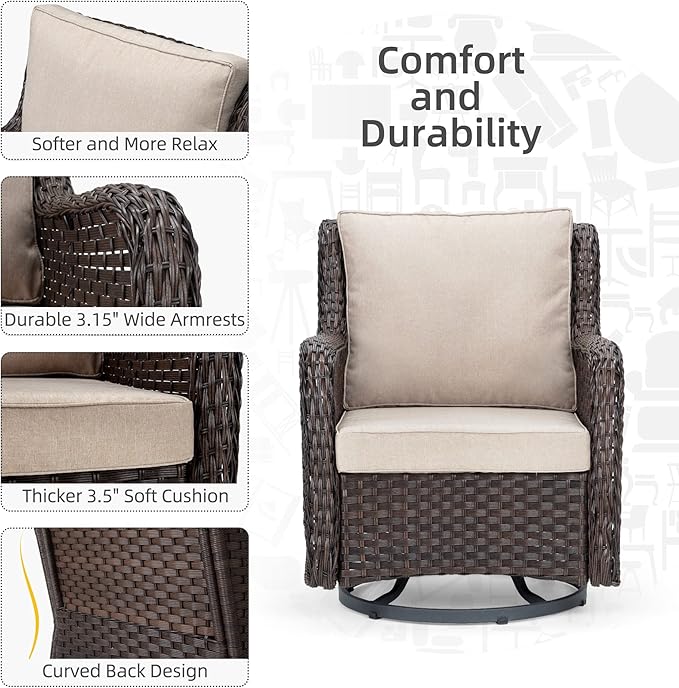 Towallmark Outdoor Swivel Wicker Glider Patio Chairs with Table Set, 3 Pieces Outdoor Bistro Set with 4”Thick Cushions and Coffee Table for Porch, Balcony, Deck (Beige)-VerdiqueGarden