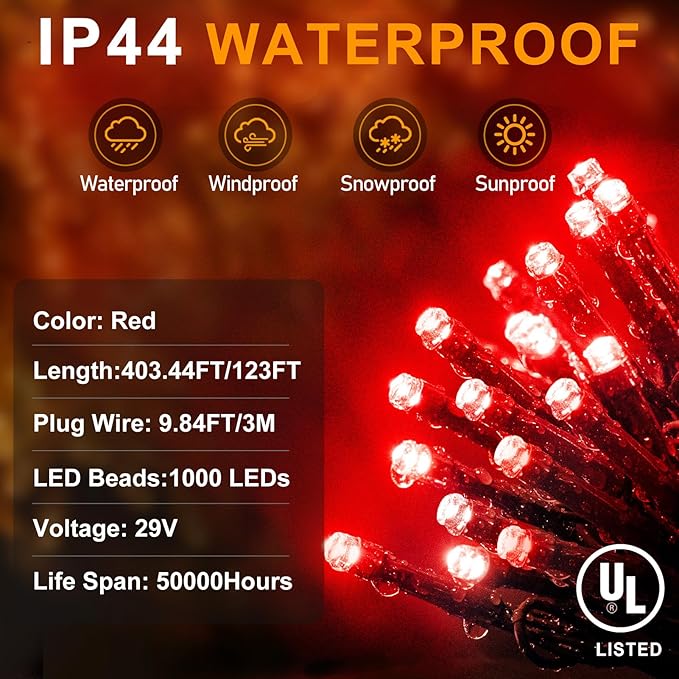 KNONEW 403FT 1000 LED Christmas String Lights Outdoor Green Wire Fairy Light 8 Modes & Timer Plug in Waterproof LED String Lights for Xmas Yard Tree Wedding Party Holiday Decorations(Red)-VerdiqueGarden