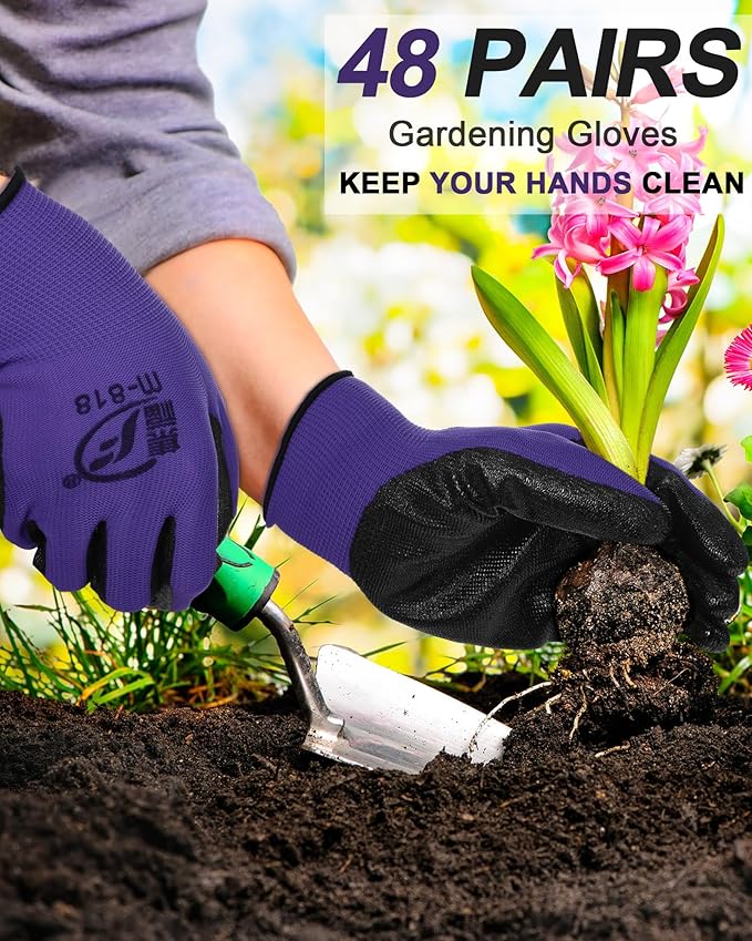 Nuogo 48 Pairs Gardening Gloves for Men Women Rubber Coated Safety Work Gloves Bulk for Gardening Construction Work-VerdiqueGarden