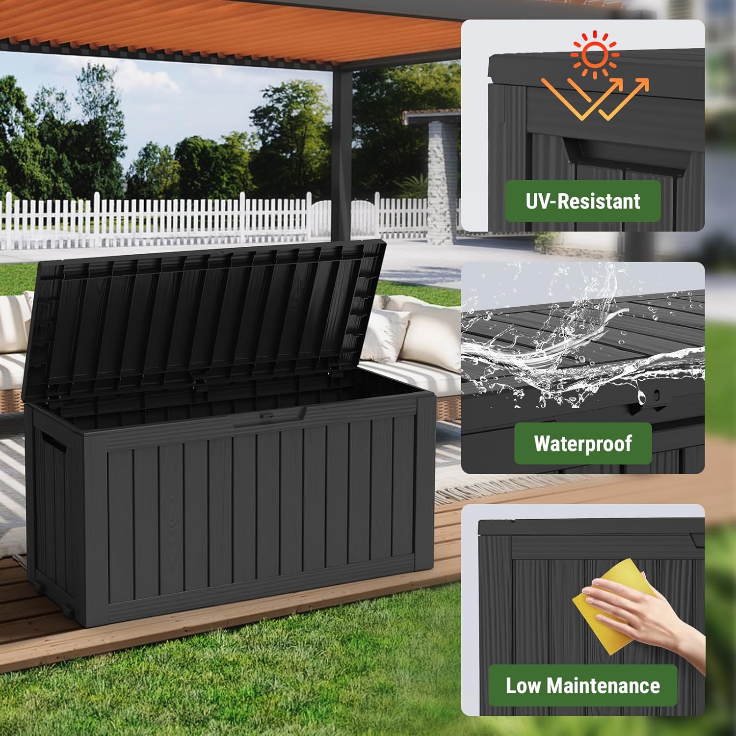 Mars Villa 72 Gallon Deck Box, Outdoor Storage Box Waterproof, Outside Resin Storage Bin for Patio Furniture Cushions, Pool Supplies, Garden Tools, UV-Resistant and Weatherproof, with 4 Wheels, Black-VerdiqueGarden